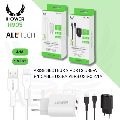 Chargeur secteur 2 Ports USB-A + 1 cable USB-A vers USB-C - 2.1A - IHOWER H905 - pro.allintech - NOIR et BLANC - BLISTER