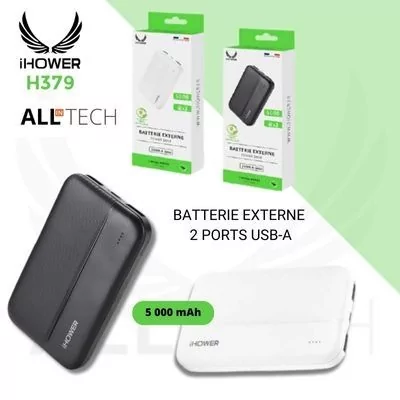 BATTERIE EXTERNE - 2 Ports USB-A - IHOWER H379 - 5 000 mAh - NOIR et BLANC - BLISTER - pro.allintech.fr