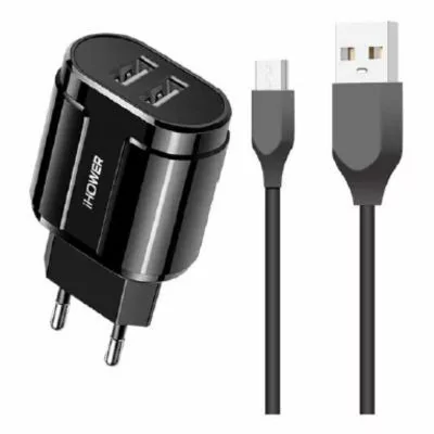 Chargeur secteur - 2 Ports USB-A 3.0A + 1 cable USB-vers MICRO-USB 2.1A - IHOWER - noir