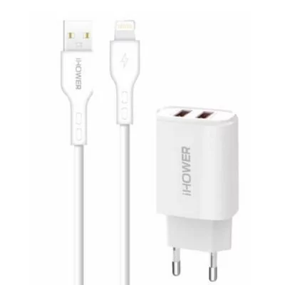 Chargeur secteur 2 Ports USB-A + 1 cable USB-A vers Lightning - 2.1A - IHOWER H904 - H904 - blanc - USB-A vers Lightning - 1 mètre