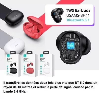 Bluetooth 5.1 USAMS BH11 avec écran digital", disponible en noir (EAN: 6958444900940) et blanc (EAN: 6958444900957)