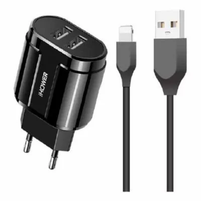 Chargeur secteur - 2 Ports USB-A 3.0A + 1 cable USB-A vers LIGHTING 2.1A - IHOWER H140 - H144 - noir - allintech.fr