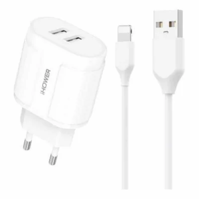 Chargeur secteur - 2 Ports USB-A 3.0A + 1 cable USB-A vers LIGHTING 2.1A - IHOWER H140 - H144 - blanc - allintech.fr