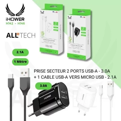 Chargeur secteur - 2 Ports USB-A 3.0A + 1 cable USB-vers MICRO-USB 2.1A - IHOWER H142 - H146 - allintech