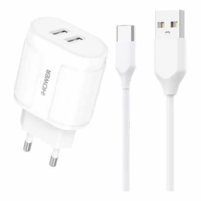 Chargeur secteur - 2 Ports USB-A 3.0A + 1 cable USB-A vers USB-C 2.1A - IHOWER H141 - H145 - H141 - blanc - USB-A vers USB-C - 1 mètre