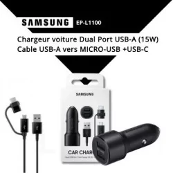 Chargeur voiture Dual Port USB-A (15W) + Cable USB-A vers MICRO-USB +USB-C - SAMSUNG EP-L1100 NOIR - pro.allintech.fr