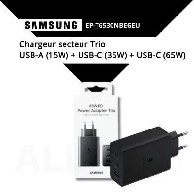 Chargeur secteur Trio USB-A (15W) + USB-C (35W) + USB-C (65W) - SAMSUNG EP-T6530- noir- blister - pro.allintech.fr