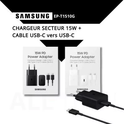 Chargeur secteur 15W + 1 cable USB-C vers USB-C - SAMSUNG EP-T1510G - noir et blanc pro.allintech.fr